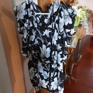 Black and White Floral Blouse With Open Shoulder